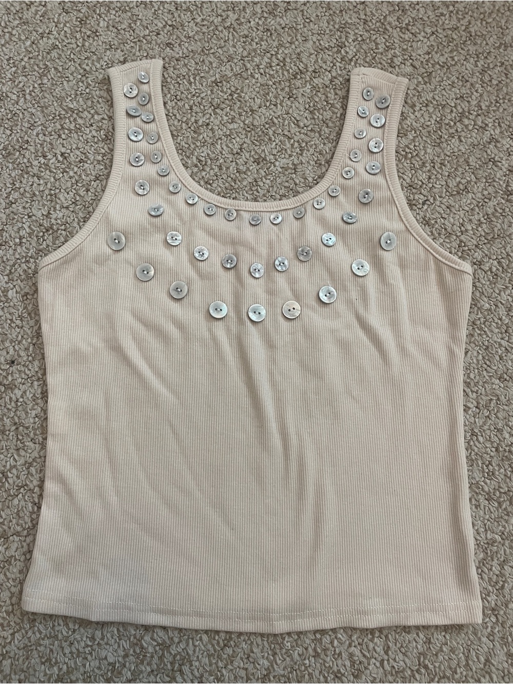 Beaded Ribbed Tank Top - Cream